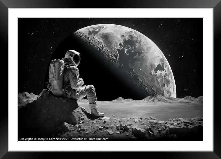 An astronaut explores new planets, science fiction illustration. Framed Mounted Print by Joaquin Corbalan