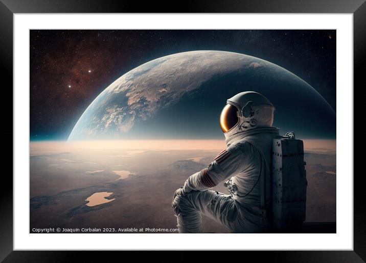 An astronaut explores new planets, science fiction illustration. Framed Mounted Print by Joaquin Corbalan
