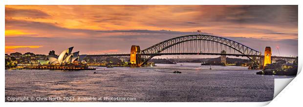 Sidney Harbour Opera House and bridge. Print by Chris North