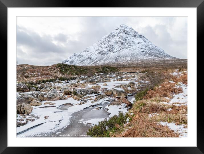 Partly frozen River Coupall with Buachaille Etive Mor and Stob Deargin the background,  Glen Coe, Highlands, Scotland Framed Mounted Print by Dave Collins