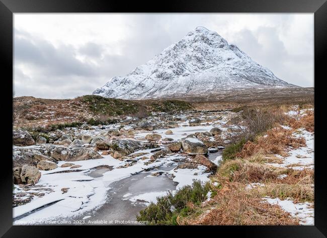 Partly frozen River Coupall with Buachaille Etive Mor and Stob Deargin the background,  Glen Coe, Highlands, Scotland Framed Print by Dave Collins