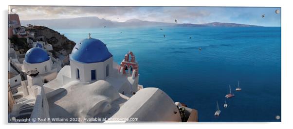 View of the Picturesque Blue Domed Orthodox churches of Santorini Acrylic by Paul E Williams