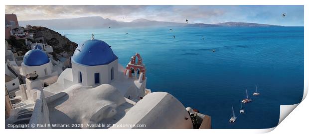 View of the Picturesque Blue Domed Orthodox churches of Santorini Print by Paul E Williams