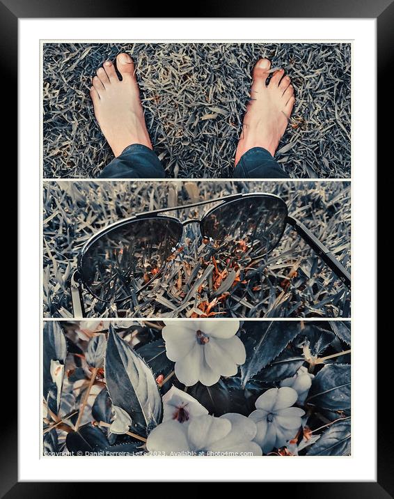Bare feet, sunglasses and flowers on the grass collage Framed Mounted Print by Daniel Ferreira-Leite