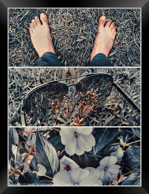 Bare feet, sunglasses and flowers on the grass collage Framed Print by Daniel Ferreira-Leite