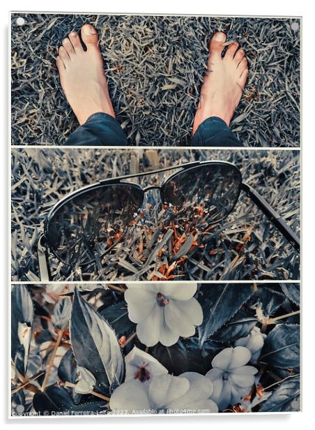 Bare feet, sunglasses and flowers on the grass collage Acrylic by Daniel Ferreira-Leite