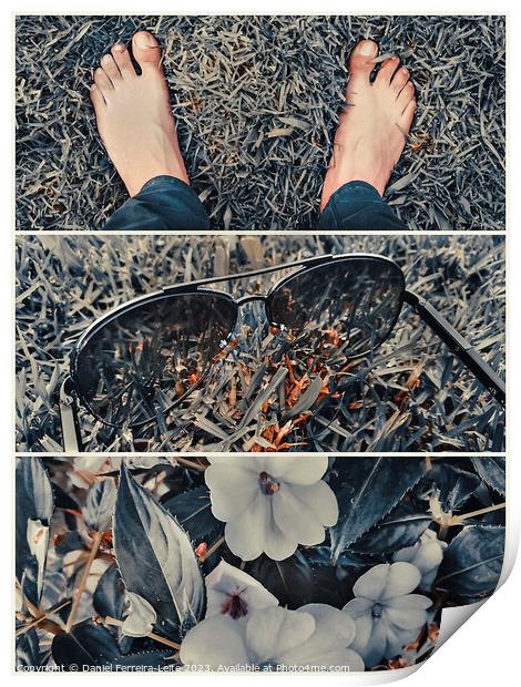 Bare feet, sunglasses and flowers on the grass collage Print by Daniel Ferreira-Leite