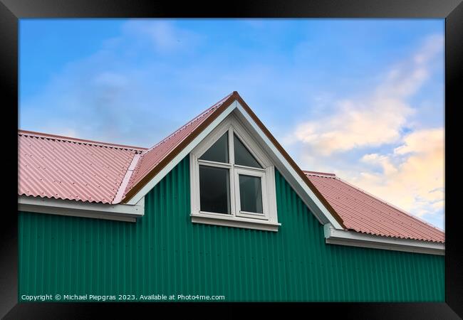 Roof window in velux style with roof tiles - icelandic architect Framed Print by Michael Piepgras