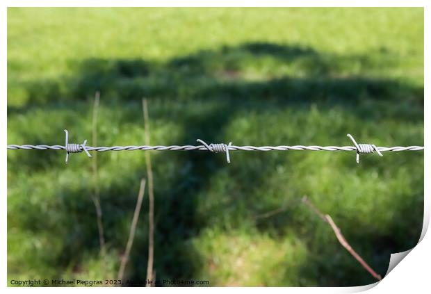Barbed wire on with a soft focus bokeh in the background. Print by Michael Piepgras