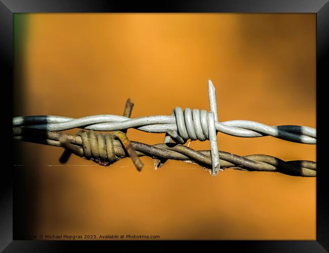 Barbed wire on with a soft focus bokeh in the background. Framed Print by Michael Piepgras