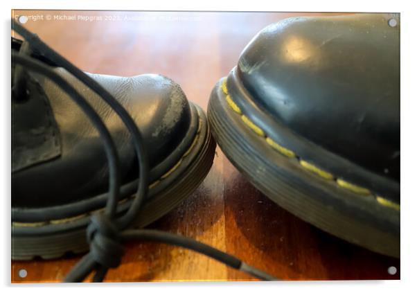 Big and small old black leather shoe on a wooden floor Acrylic by Michael Piepgras