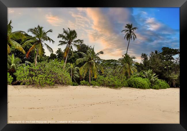 Sunny day beach view on the paradise islands Seychelles Framed Print by Michael Piepgras