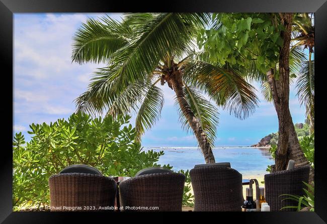 Sunny day beach view on the paradise islands Seychelles Framed Print by Michael Piepgras