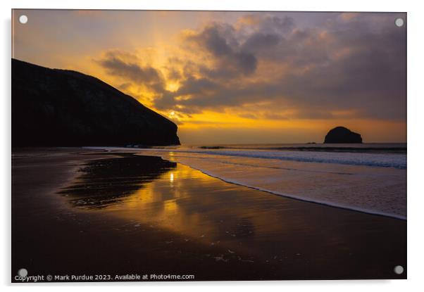 A sunset over Trebarwith Strand Acrylic by Mark Purdue