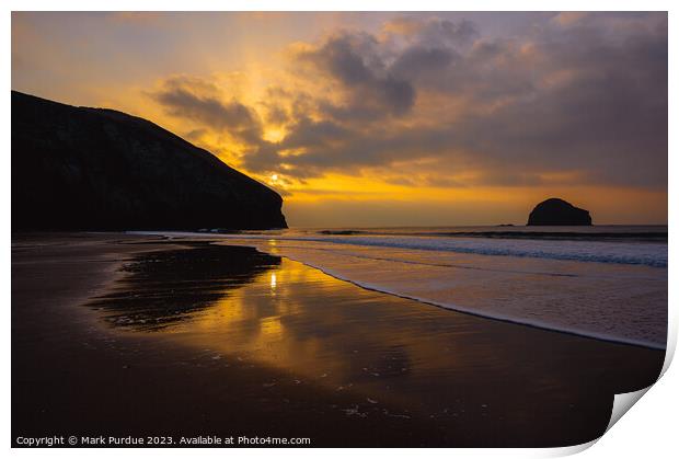 A sunset over Trebarwith Strand Print by Mark Purdue