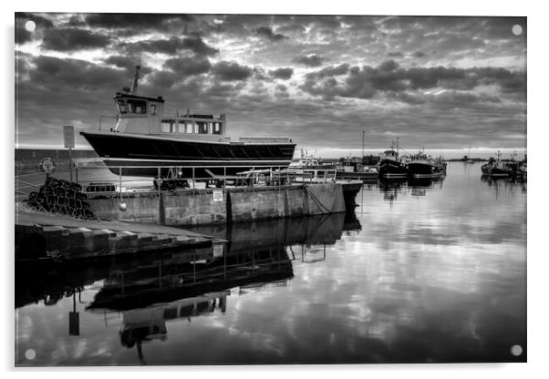 Seahouses Harbour Black and White Acrylic by Tim Hill