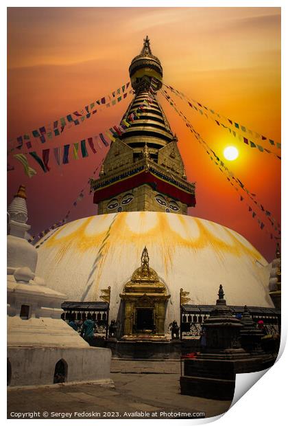 Swayambhunath Stupa in the Kathmandu valley of Nepal. Print by Sergey Fedoskin
