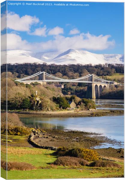 Menai Suspension Bridge Anglesey Coast Canvas Print by Pearl Bucknall