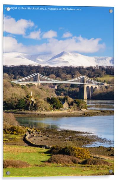 Menai Suspension Bridge Anglesey Coast Acrylic by Pearl Bucknall