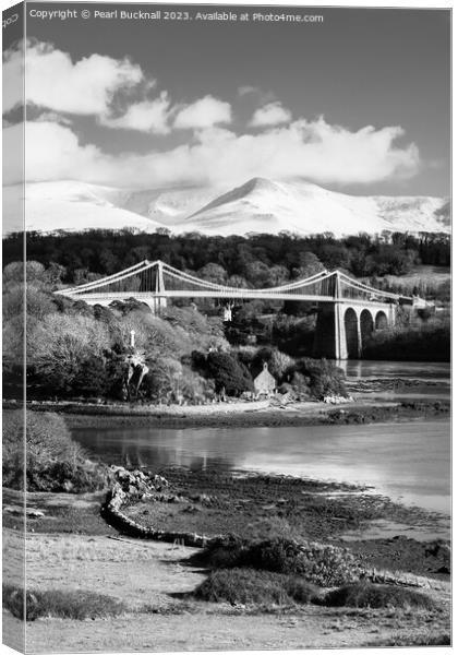 Menai Suspension Bridge Anglesey Coast Mono Canvas Print by Pearl Bucknall