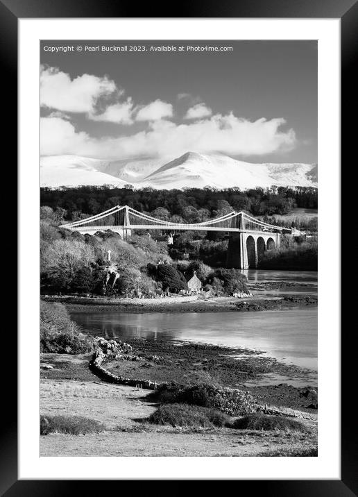 Menai Suspension Bridge Anglesey Coast Mono Framed Mounted Print by Pearl Bucknall
