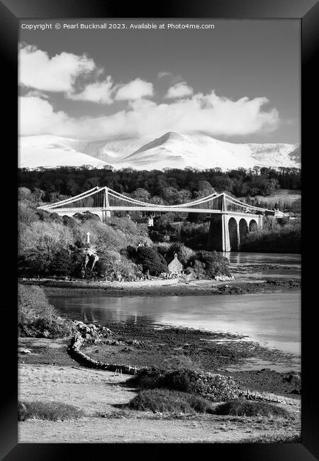 Menai Suspension Bridge Anglesey Coast Mono Framed Print by Pearl Bucknall