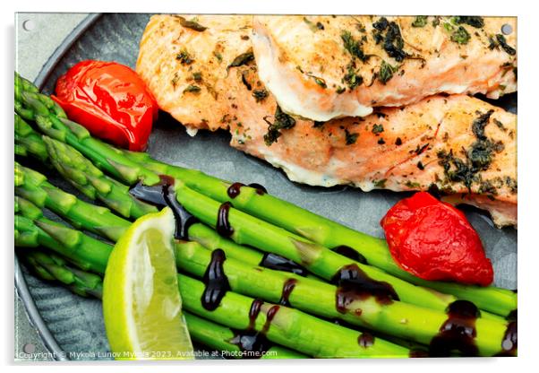 Salmon with asparagus, healthy lunch Acrylic by Mykola Lunov Mykola