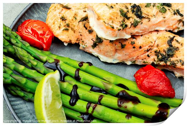 Salmon with asparagus, healthy lunch Print by Mykola Lunov Mykola