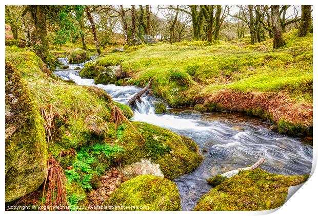 Mossy Waterfalls of River Meavy Print by Roger Mechan