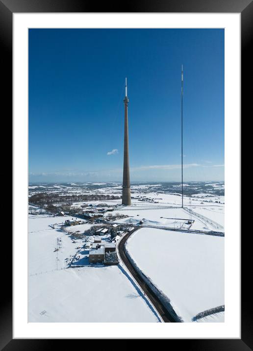 The Emley Moor Mast Snow Framed Mounted Print by Apollo Aerial Photography