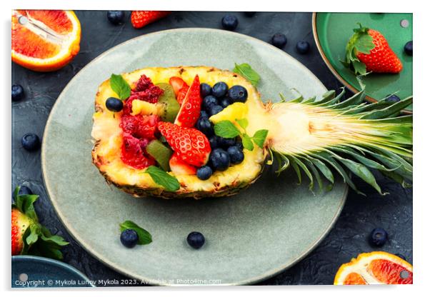 Fruit salad in half a pineapple, vegan concept. Acrylic by Mykola Lunov Mykola
