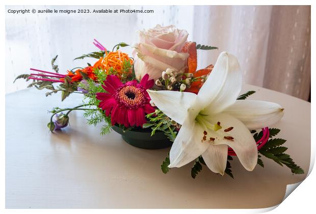 Flowers arrangement in a plastic bowl Print by aurélie le moigne