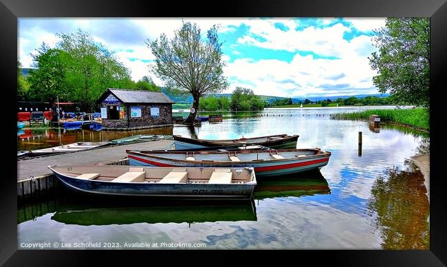Boats at llangores lake Brecon Wales  Framed Print by Les Schofield