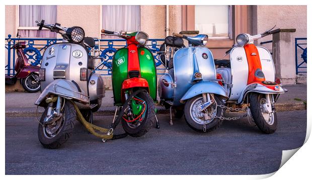 Vespa and Lambretta scooters at Whitby Print by Tim Hill