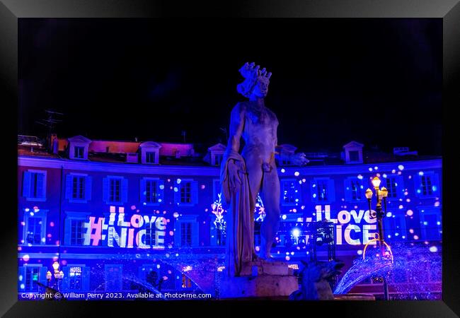 Blue Apollo Statue Sun Fountain Christmas Plaza Massena Cityscape Nic Framed Print by William Perry