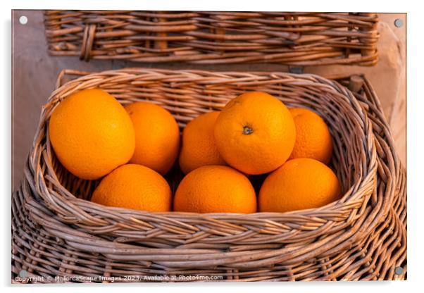 Fresh oranges in a wicker basket Acrylic by MallorcaScape Images