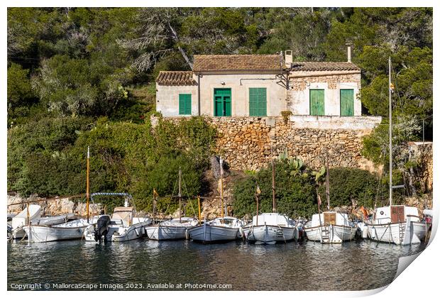 Old fisherman's house and boats in Cala Figuera Print by MallorcaScape Images