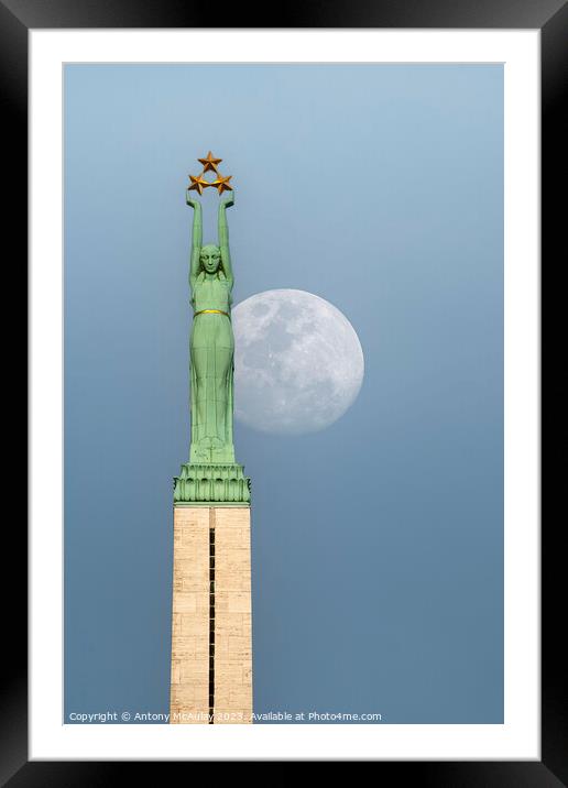 Riga Freedom Monument at Moonrise Framed Mounted Print by Antony McAulay