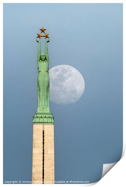 Riga Freedom Monument at Moonrise Print by Antony McAulay