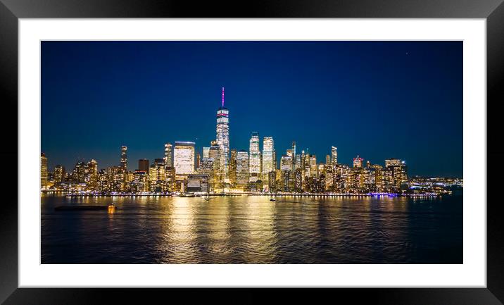 Skyline of Manhattan at night - view from Jersey City - travel photography Framed Mounted Print by Erik Lattwein
