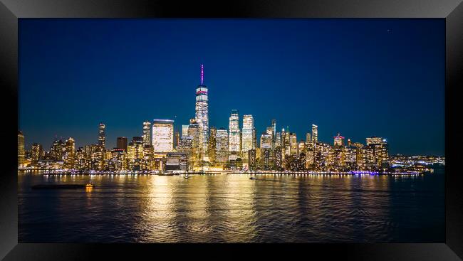 Skyline of Manhattan at night - view from Jersey City - travel photography Framed Print by Erik Lattwein