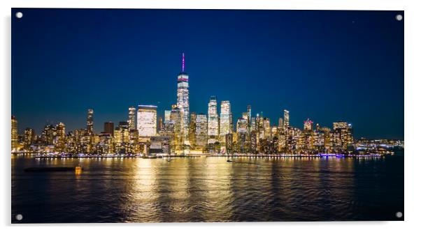 Skyline of Manhattan at night - view from Jersey City - travel photography Acrylic by Erik Lattwein