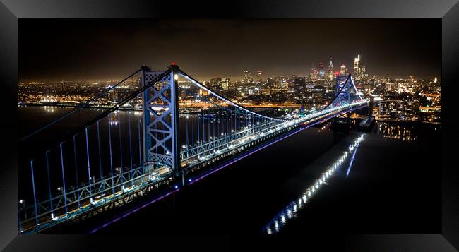 Aerial view over Philadelphia and Ben Franklin Bridge at night - travel photography Framed Print by Erik Lattwein