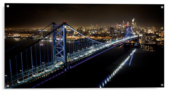 Aerial view over Philadelphia and Ben Franklin Bridge at night - travel photography Acrylic by Erik Lattwein