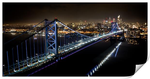 Aerial view over Philadelphia and Ben Franklin Bridge at night - travel photography Print by Erik Lattwein
