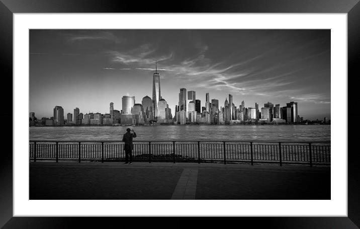 Man takes a photo of Manhattan skyline - travel photography Framed Mounted Print by Erik Lattwein