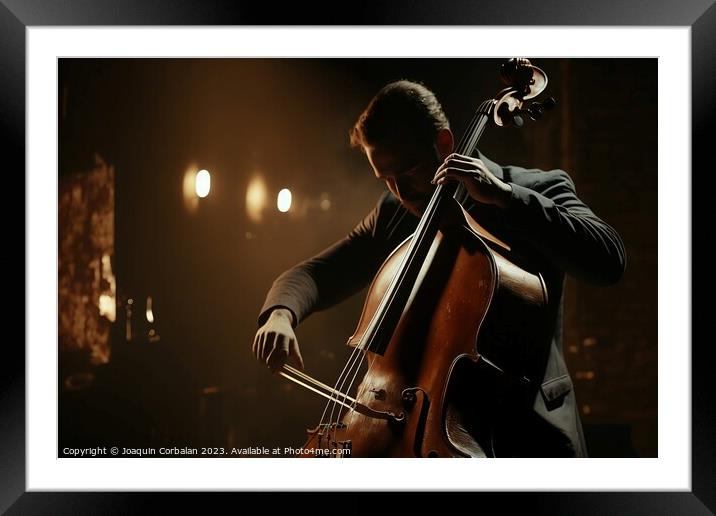 Classical musician playing a double bass at an evening concert.  Framed Mounted Print by Joaquin Corbalan