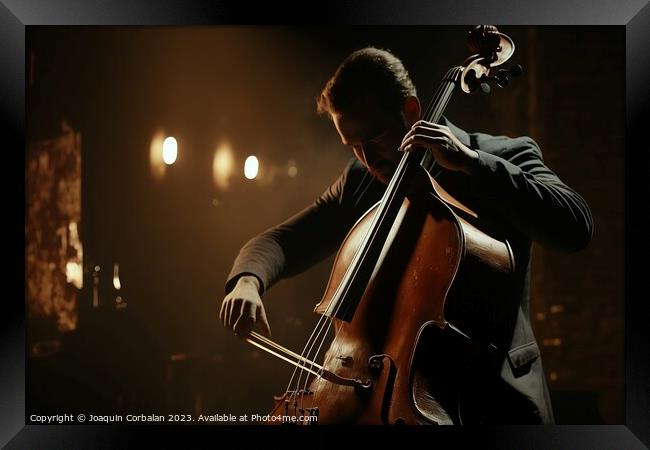 Classical musician playing a double bass at an evening concert.  Framed Print by Joaquin Corbalan