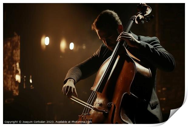Classical musician playing a double bass at an evening concert.  Print by Joaquin Corbalan