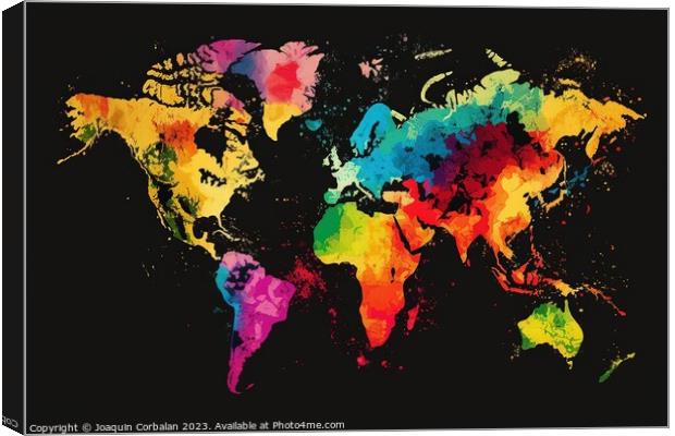 World map, planisphere, with a black background and colorful rel Canvas Print by Joaquin Corbalan